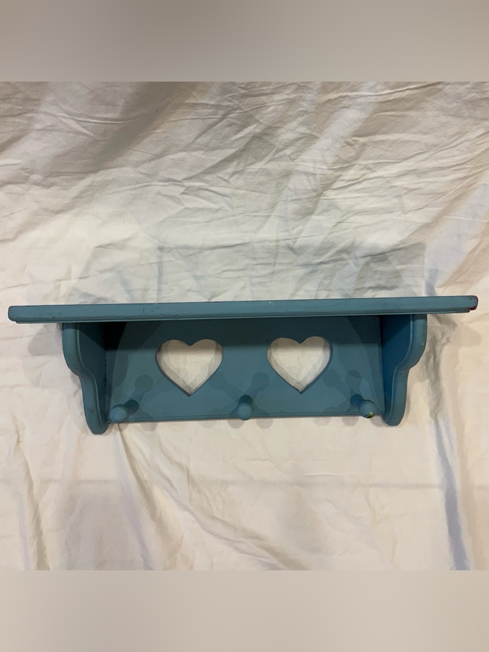 Vintage Wooden Heart Double Cutout Wall Shelf Rustic Country Cottage Core Blue